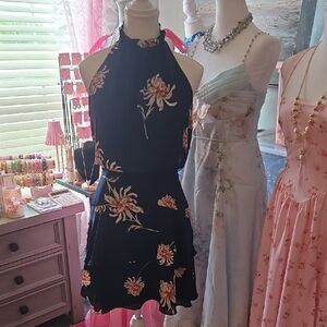 BB Dakota Navy Blue Floral Mini Tiered Ruffle Dress